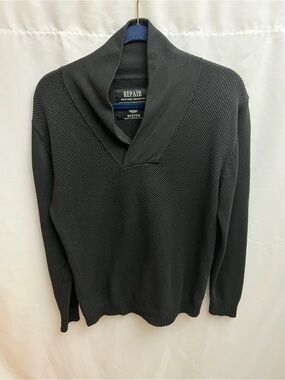 Repair Black Shawl Collar Knit Sweater Men’s Medium Pullover Textured Casual